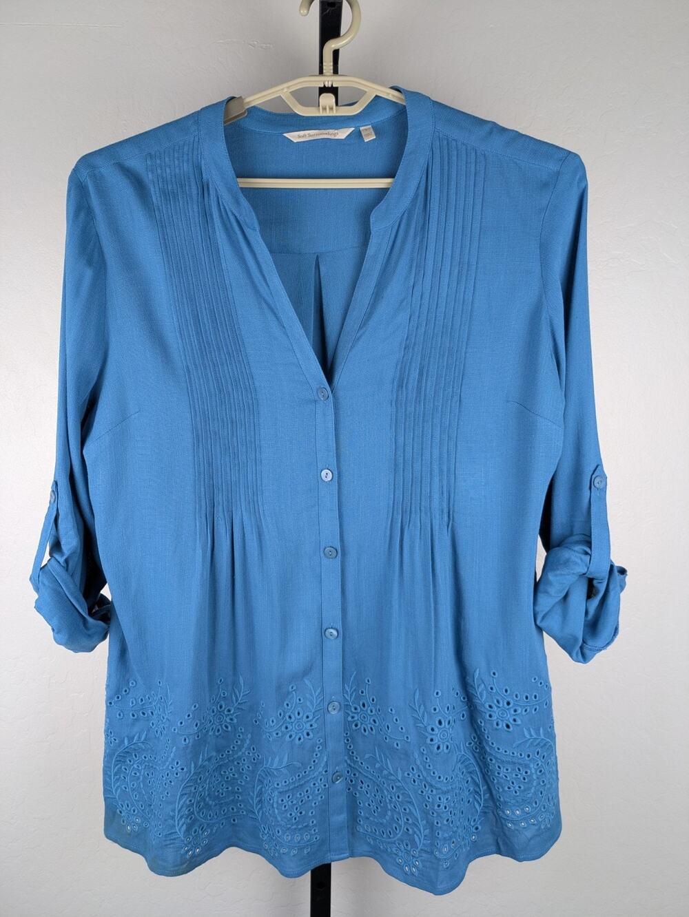 Soft Surroundings teal blue v-neck pintuck eyelet button front top